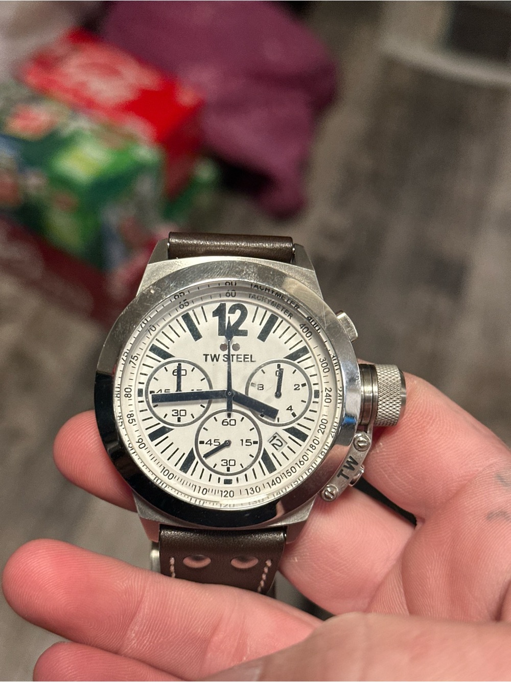 TW Steel White Dial Brown Leather Strap Chronograph Watch